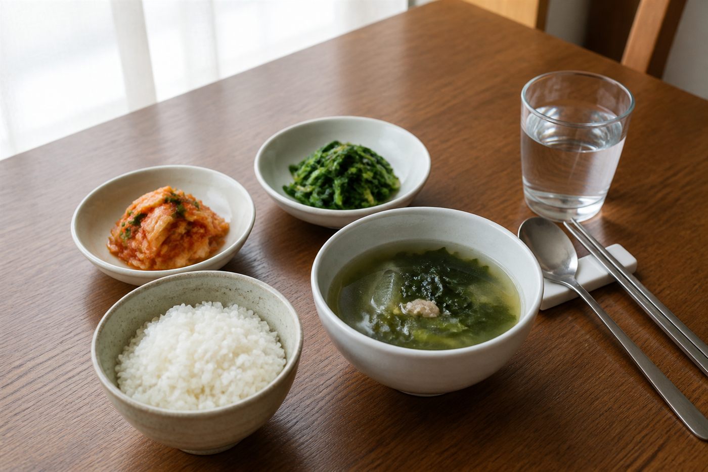 나무 식탁 위에 따로 놓인 밥, 국, 반찬과 물