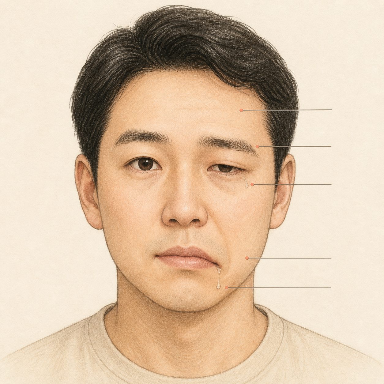 한쪽 이마와 눈, 입가에 차이가 나타난 얼굴마비 증상을 표현한 그림