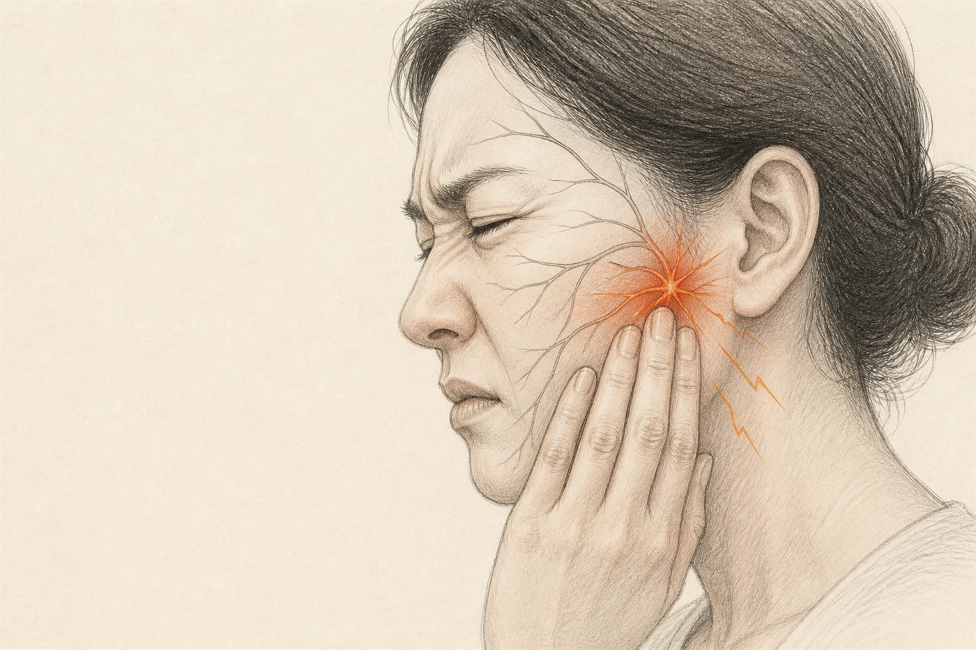 한쪽 뺨에 손을 대고 얼굴 신경 통증을 호소하는 사람을 표현한 그림